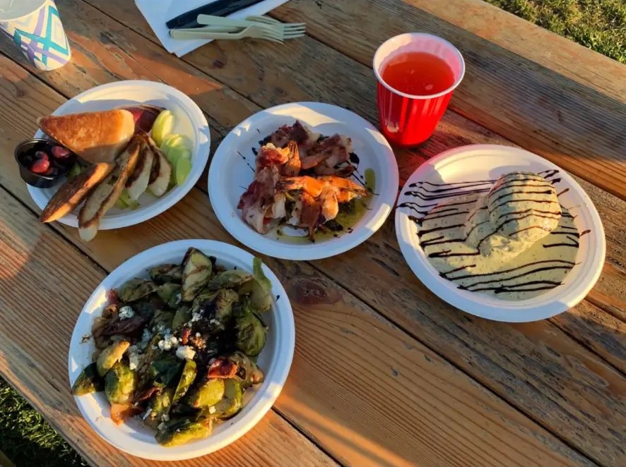 Bacon-wrapped shrimp, baked brie, risotto cakes and Brussels sprouts with bacon